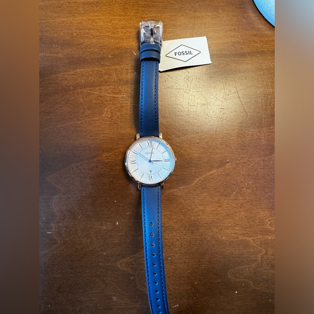 Fossil watch, navy blue leather band, new with tags in original box